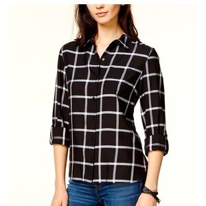 Tommy Hilfiger shirt - black/white windowpane plaid button front rayon